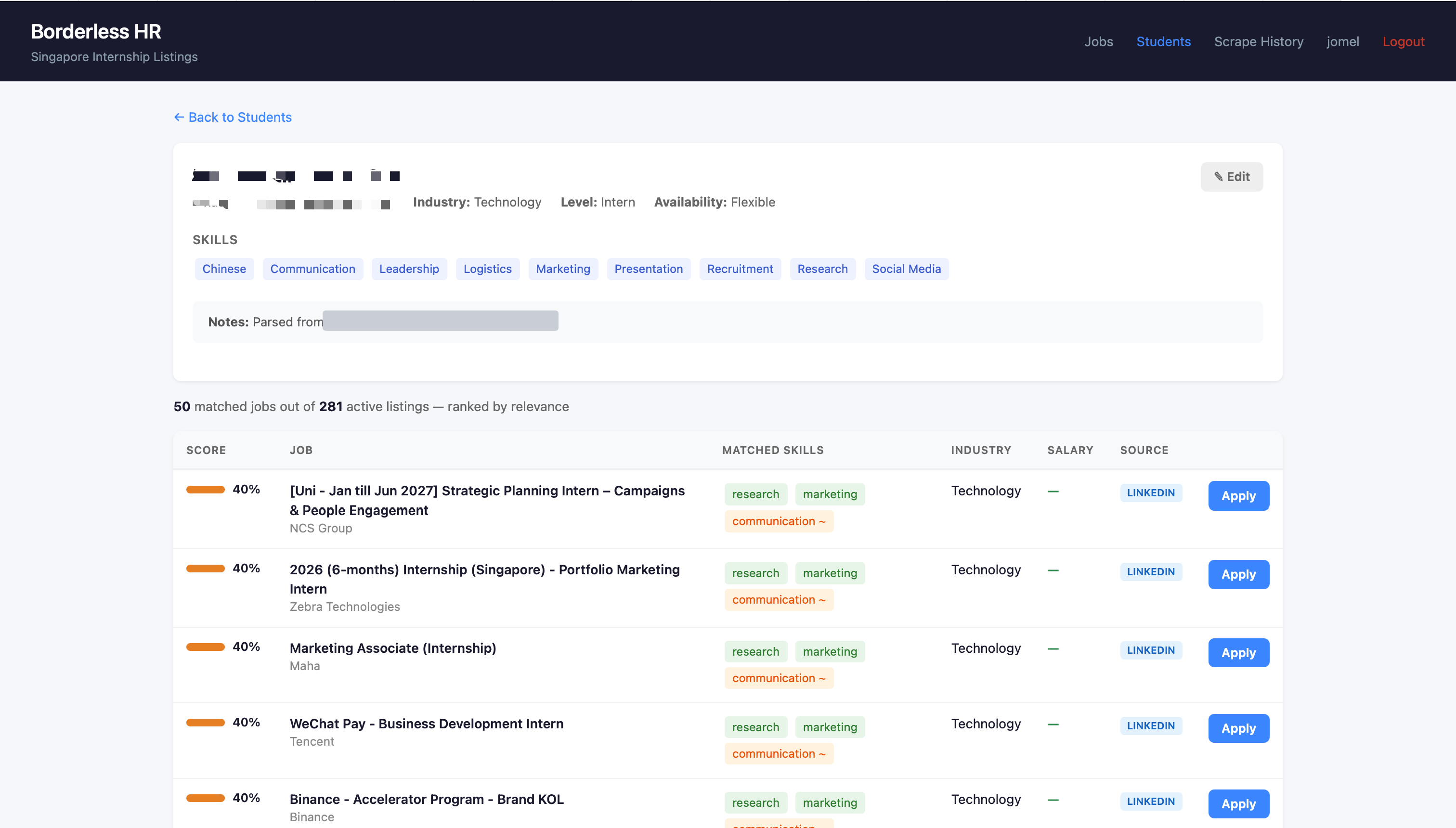Student profile with skills parsed from an uploaded CV, above 50 matched jobs out of 281 active listings ranked by relevance with matched skills highlighted