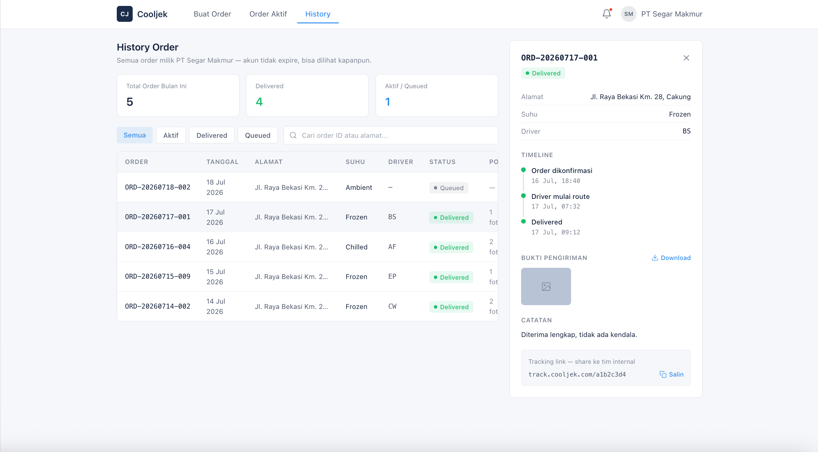 Customer portal order history with a detail panel showing delivery address, temperature class, assigned driver, a confirmed-to-delivered timeline, proof of delivery photo, and a shareable tracking link