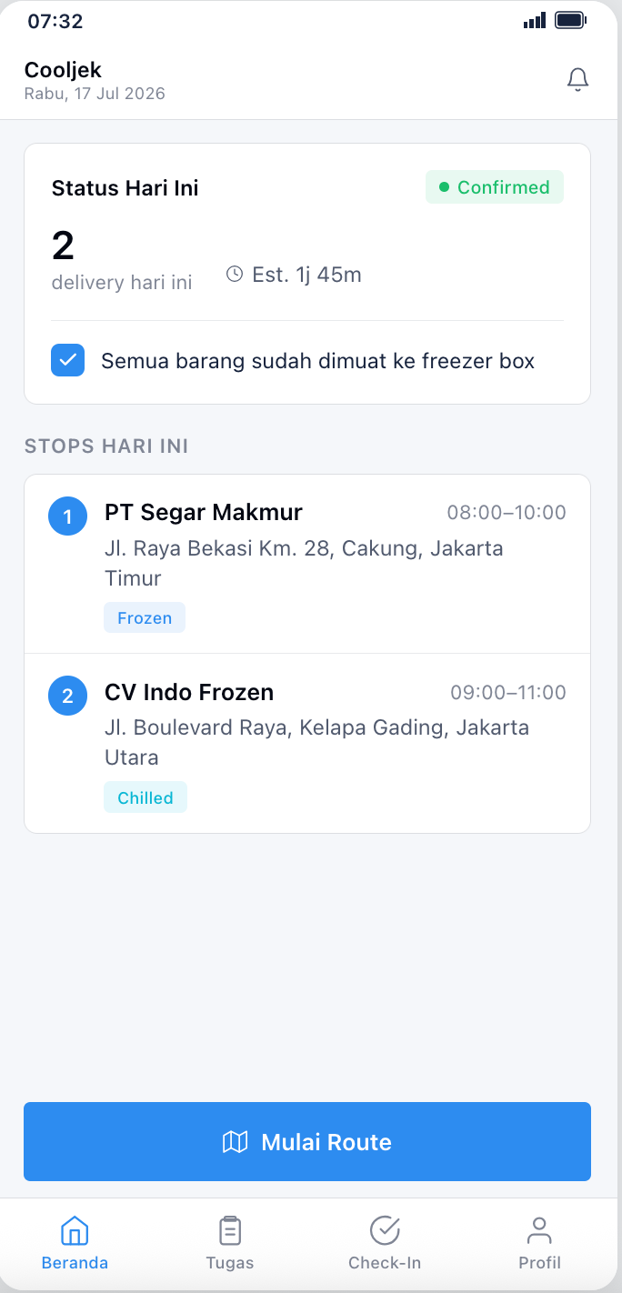 Driver mobile app showing today’s confirmed status, two deliveries with estimated duration, a freezer-box loading checklist, sequenced stops with time windows, and a start route button