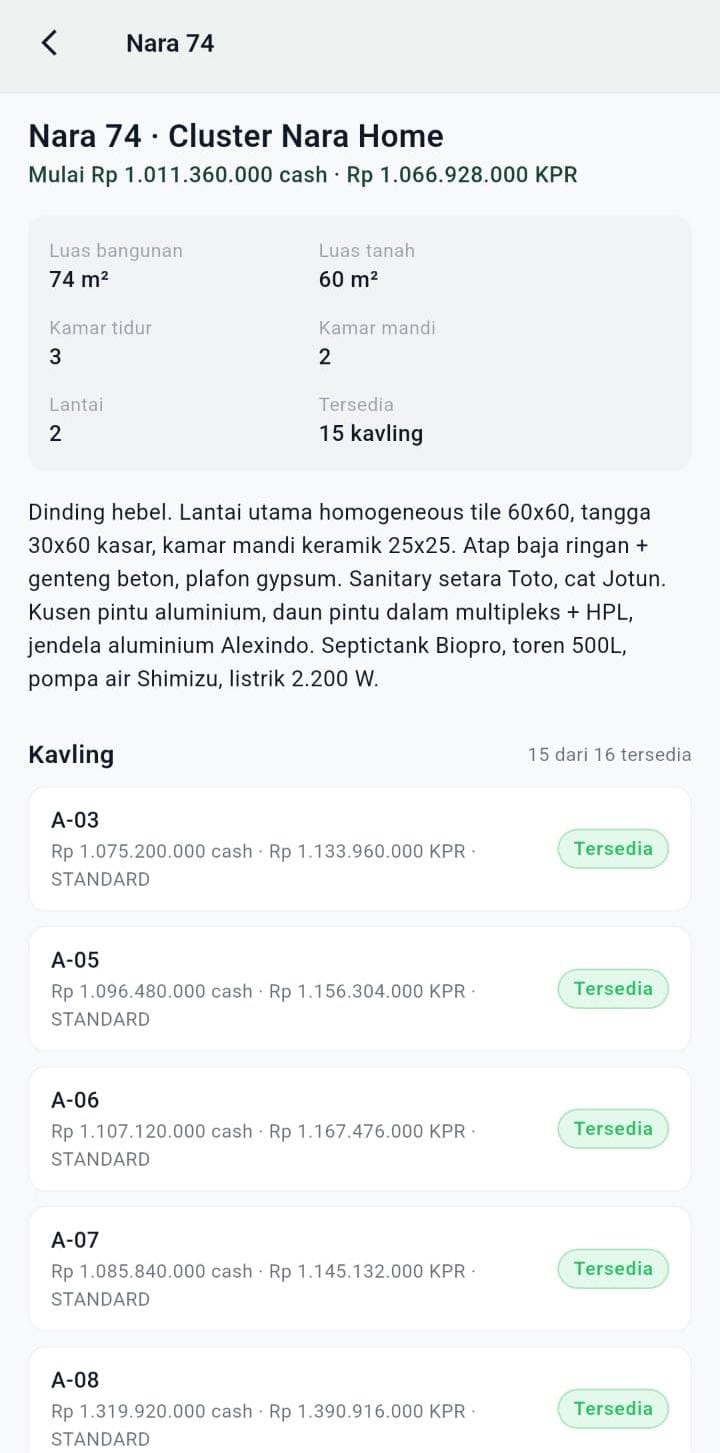 Mobile unit detail for Nara 74 showing specifications, cash and KPR pricing, and per-kavling availability