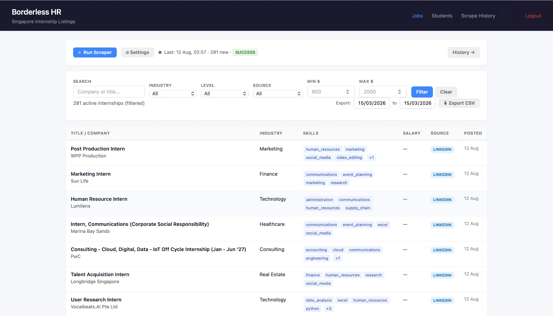 Internship listing automation